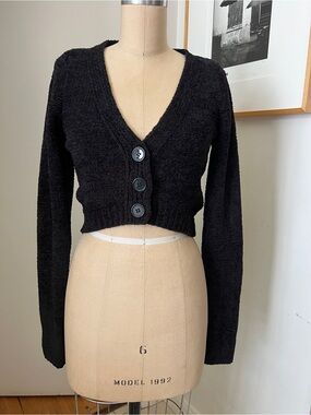 Urban Outfitters Black Cropped V-Neck Button Cardigan